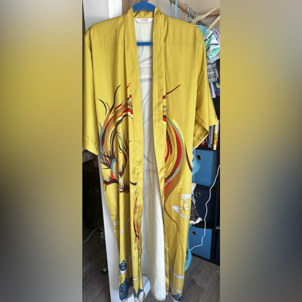 Vibrant Yellow Kimono with Artistic Design